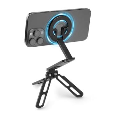 Imagem de FANAUE Suporte de tripé magnético – Suporte de alumínio ajustável de 360°, design dobrável portátil, suporte magnético forte compatível para iPhone, iPad, smartphones, vlogging e criação de conteúdo