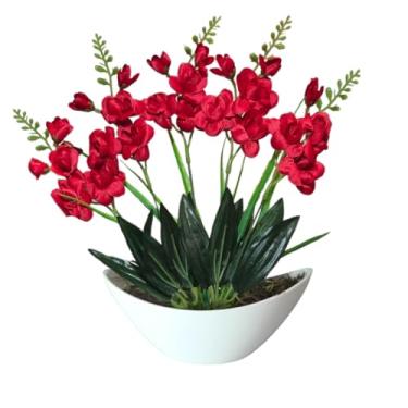 Imagem de Arranjo de Orquídea Artificial Luxuoso com Vaso Barca em Melamina - Decoração Sofisticada para Ambientes Internos e Externos(Vanda Vermelha)