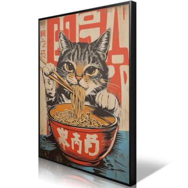 Imagem de Arte de parede engraçada em tela de gato, pôster vintage japonês para comer comida, imagem engraçada de gato comendo ramen, decoração de quarto em estilo japonês, presente exclusivo para amantes de