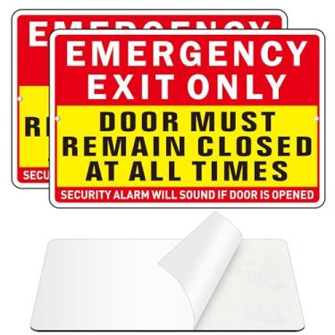 Imagem de Sinal de saída de emergência apenas, (2 unidades) Adesivo autoadesivo de sinal de saída de emergência para porta, livre de ferrugem e placas de metal de alumínio refletivas para parede (23 x 15 cm