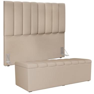 Imagem de Kit Cabeceira Cama Box Casal 140cm Com Calçadeira Recamier Baú Dália W01 Suede Bege - Lyam Decor