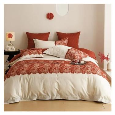 Imagem de EESCZVGBDX Jogo de lençol de cama de algodão de quatro peças de algodão de fibra longa renda casamento capa de edredom princesa conjunto de cama para todas as estações