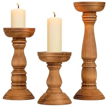 Imagem de Conjunto de 3 castiçais de pilar, castiçais de madeira rústica com acabamento de nogueira, alturas variáveis, castiçais de pilar de madeira para lareira, centros de mesa de mesa, decoração de casa
