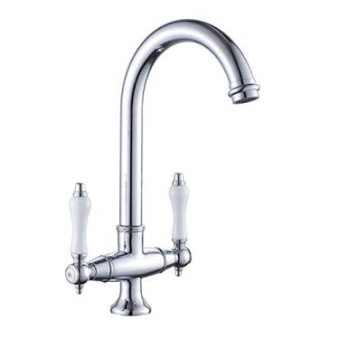 Imagem de Torneira de cozinha Rotação de 360 ° Torneira de puxar de arco alto Comercial Bacia de cerâmica com alça dupla Torneira de água quente e fria Torneira de pia de banheiro