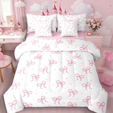 Imagem de Erosebridal Conjunto de edredom com laço rosa tamanho solteiro (7 peças) | Jogo de cama com laço fofo para meninas adolescentes com lençol de cima e lençol de baixo moderno conjunto de colcha de