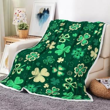 Imagem de Cobertor de lã de flanela sherpa para dia de São Patrício, dia de São Patrício, trevos verdes, estampa de trevos, cobertores irlandeses, macios e aconchegantes, cobertor quente para sofá 127 x 152 cm