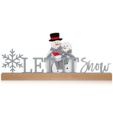 Imagem de Yaocom Placa de mesa de Natal de 33,78 cm, decoração de inverno de metal Let It Snow, decoração de mesa independente de floco de neve com base de madeira para casa, bandeja em camadas, peça central