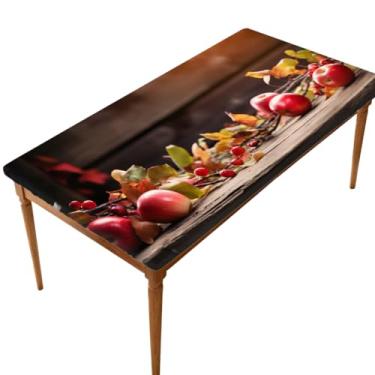 Imagem de hongjinglin Toalha de mesa retangular de 1,8 m de comprimento, elástica, fruta, maçã, outono, madeira, elástico, capa de mesa, impermeável, lavável, protetor de mesa para piquenique, jantar, cozinha