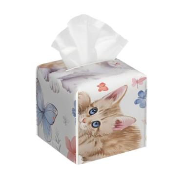 Imagem de Porta-lenços de papel quadrado de couro, impermeável, gato, borboleta, colorido, fofo, organizador de papel facial com cinto inferior, estojo de lenços para mesa, banheiro, escritório, mesa, carro