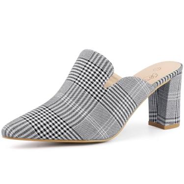 Imagem de Perphy Bico fino sem cadarço salto grosso Houndstooth Slide Mules para mulheres, Preto, branco, 41