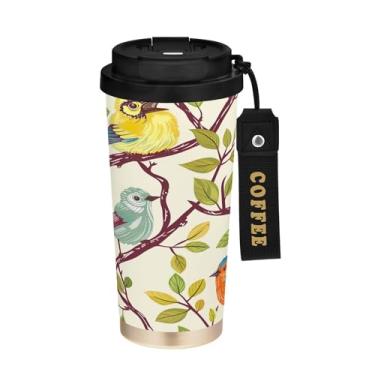 Imagem de SEHANY Caneca de café de viagem Flores e pássaros de 482 g com tampa revestida de cerâmica e à prova de vazamento, parede dupla, copo de aço inoxidável isolado a vácuo para bebidas quentes e frias