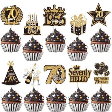Imagem de Rsstarxi Pacote com 40 enfeites de cupcake feliz 70º aniversário Cheers to 70 anos Escolhas de cupcake Decorações de 70º aniversário para mulheres homens 70º aniversário preto e dourado decoração de
