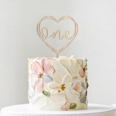 Imagem de Topo de bolo de madeira - 1º aniversário, decoração de bolo, adequado para chás de bebê, primeira festa de aniversário ou adereços de máquina fotográfica de bebê (estilo: coração)
