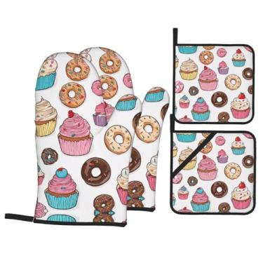 Imagem de Conjunto de luvas de cozinha estampadas com suportes de tampa, luvas de forno resistentes ao calor para manusear panelas quentes, grelhar, churrascos, kit de 4 peças.