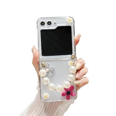 Imagem de GO-VOLMON Capa feminina de flor fofa para Samsung Galaxy Z Flip 6 pulseira de pérola, linda capa de telefone com design feminino estilo floral 3D, capa transparente para Z Flip 6 Hard PC - Vermelho