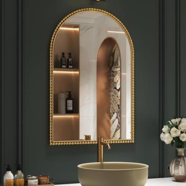 Imagem de Espelho de parede dourado arqueado - Espelho de arco com moldura de metal com contas 91 cm x 61 cm grande, decoração decorativa de arte de parede vintage montada para entrada, lareira, sala de estar