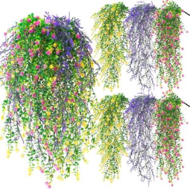 Imagem de FineCheer 6 peças de flores artificiais para pendurar ao ar livre de seda sintética mãe decoração de planta violeta com eucalipto realista resistente a UV trepadeira primavera pátio (cor clara