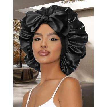 Imagem de Touca de dormir externa com tiras ajustáveis de seda com faixa de gravata para mulheres, cabelo encaracolado natural, preto