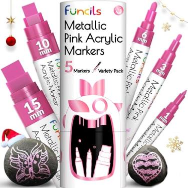Imagem de 5 canetas de tinta rosa metálica acrílica - ponta extrafina, fina e jumbo (1 mm, 3 mm, 6 mm, 10 mm, 15 mm) - Marcadores de tinta rosa para metal, pedras, plástico, tela, madeira, tecido, pneu, vidro.
