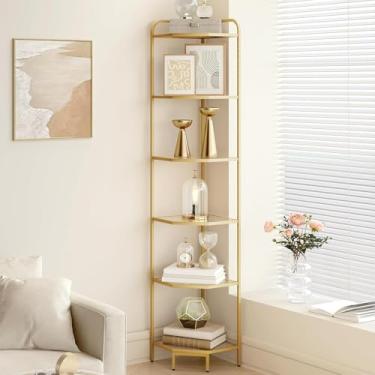 Imagem de Hzuaneri Suporte de prateleira de canto de 6 camadas, estante de canto, prateleira de armazenamento de banheiro, rack de plantas, vidro temperado, moldura de aço, estilo moderno para sala de estar,