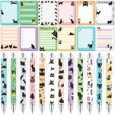 Imagem de Dispowreath 24 peças de notas adesivas de gato preto com canetas, lembrancinhas temáticas, presentes fofos, blocos de notas de notas, caneta esferográfica de tinta preta para amantes de gatos