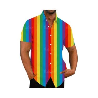 Imagem de Camisa Casual Vintage Havaiana Masculina Com Estampa Floral Arco-Íris 