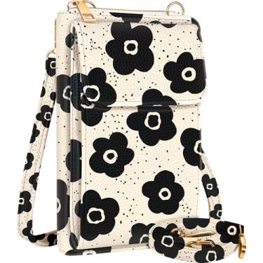 Imagem de Miss Adola Linda bolsa transversal pequena para celular - Bolsa carteira de couro para celular com alça e corda de ombro ajustável, flor preta