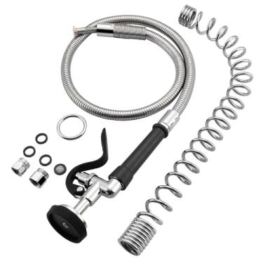 Imagem de HWM Válvula de pulverizador de pia comercial com mangueira de pré-enxágue flexível de aço inoxidável de 111,8 cm e kit de substituição de mola superior para torneiras de pia de cozinha comercial