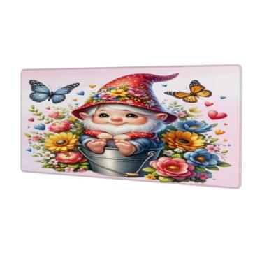 Imagem de Tapete de rato grande com flores de gnomo, borboleta, impermeável, tapete protetor de mesa estendido para computador, base de borracha antiderrapante para escritório, computador, teclado, laptop e