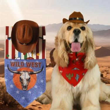 Imagem de Chapéu de cowboy para cães com decoração de estrela: fantasia de cowboy para cães pequenos e gatos chapéu de cowboy com bandana conjunto de cachecol acessórios de festa