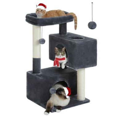 Imagem de UYMI Torre de árvore para gatos internos, 2 condomínios aconchegantes para gatos médios de até 5,4 kg, torre para gatos de 80 cm com postes para arranhar gatos, 2 cavernas para gatos, 2 bolas
