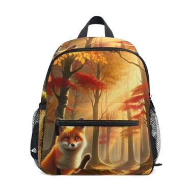 Imagem de Autumn Maple Forest Fox Simple Modern Toddler Backpack 10x4x12 In, Boy Backpack with Water Bottle Pockets, Whistle Buckle
