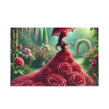 Imagem de 500 Piece Red Rose Dress Woman Green Jigsaw Puzzle Wood and Paper Material, Puzzles for Couples