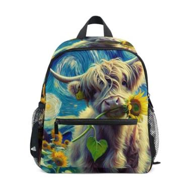 Imagem de GAIGEO Highland Cow Calf Sunflowers Toddler Mini Backpack with Whistle, 2 Bottle Pockets, Lightweight, Baby Backpack for Daycare 10x4x12 In, for Ages 3-8