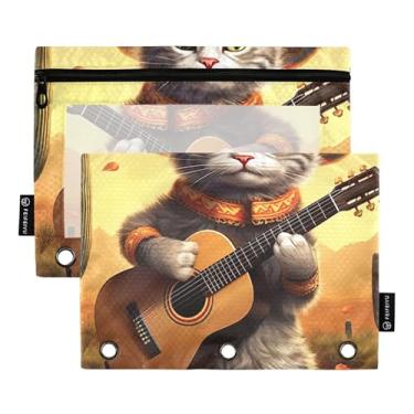 Imagem de Estojo de lápis com 3 argolas, gato, engraçado, guitarrista, caneta, lápis, sacos com zíper, fichários transparentes engraçados, estojo para canetas, escola, 25 x 18 cm, 2 pacotes