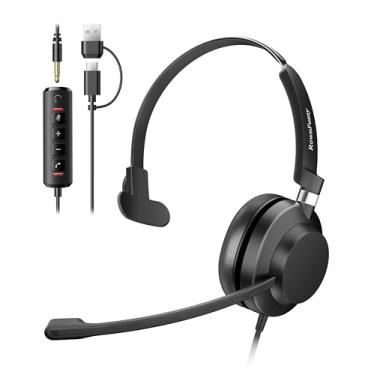 Imagem de Rownfusny Fone de ouvido USB com microfone para PC e laptop – Fones de ouvido intra-auriculares com redução de ruído com controle de volume em linha, botão de atendimento de chamadas para equipes de
