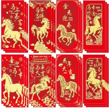 Imagem de 24 envelopes vermelhos de ano novo chinês - Pacote vermelho do ano do cavalo de 2026 com 24 moedas chinesas de latão Feng Shui I Ching | Grande Hong Bao | Bolsos de dinheiro chineses da sorte da
