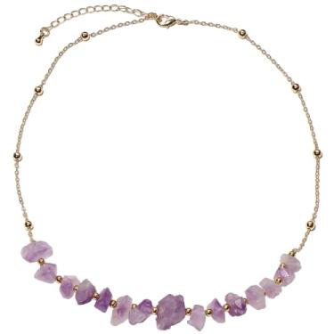 Imagem de Wizock Colar simples de contas de ametista crua ajustável banhado a ouro 14 k para mulheres 40 + 5 cm, joia com pedra do mês de fevereiro, Medium, Pedra, Ametista