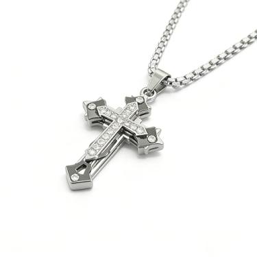 Imagem de LUSKINNO Colar de cruz de camada tripla para homens e mulheres, pingente de crucifixo 3D de aço titânio com corrente de cabo