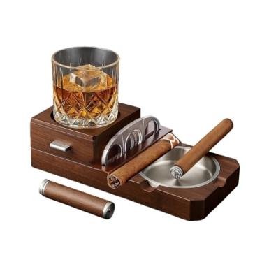 Imagem de JDIME Conjunto de presente de madeira com cortador de charuto, bandeja de vidro para uísque e cinzeiro externo para cigarros
