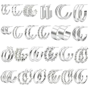 Imagem de Conjunto de 24 pares de brincos de argola de ouro para mulheres, pacote com vários brincos, hipoalergênicos, pérolas, grossos, torcidos, pequenos brincos, joias para presentes, Small, Latão, Sem pedra