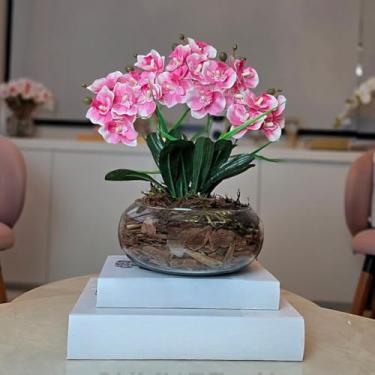 Imagem de Arranjo de Orquídea Artificial em Vaso de Vidro Decorativo para Sala, Lavabo e Escritório(Rosa 1)
