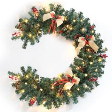 Imagem de AORESAC Guirlanda de Natal pré-iluminada de 1,8 m, decoração de guirlandas artificiais de Natal com pontas de PVC, 50 luzes LED, pinhas, cachos de bagas, laços, 3 pilhas AA operadas para escadas, lareira