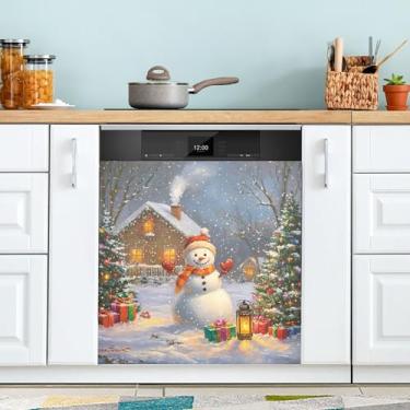 Imagem de xigua Linda capa magnética de boneco de neve de Natal, adesivos magnéticos decorativos antiarranhões para painel de geladeira e lava-louças, decoração personalizada de cozinha doméstica 58 x 66 cm