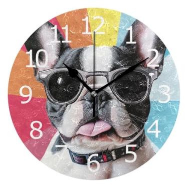 Imagem de ALAZA Relógio de parede redondo bonito bonito buldogue francês pintado em acrílico, silencioso, sem tique-taque, arte para casa, quarto, sala de estar, dormitório, decoração