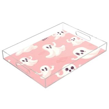 Imagem de xigua Bandeja de servir de acrílico fantasma de Halloween com alças à prova de derramamento, bandejas decorativas de festa de Halloween, bandeja organizadora de bancada para banheiro, cozinha, 30,5 x