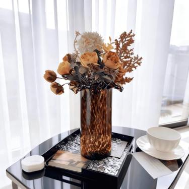 Imagem de Vaso de flor marrom âmbar de 30 cm de altura, vaso de vidro leopardo exclusivo de luxo para centros de mesa, vaso de fazenda grande espesso, vaso de tartaruga para sala de estar, estante de livros