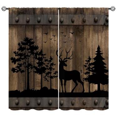 Imagem de KANEPE Cortinas de cabine, tratamentos de janela com padrão de madeira de veado da floresta rústica, cortinas com isolamento térmico para varão, conjunto de 2 painéis para quarto, sala de estar, casa