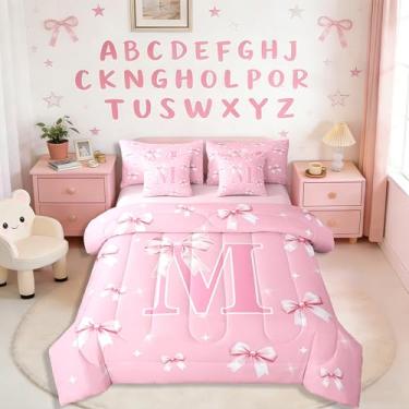 Imagem de Erosebridal Conjunto de edredom solteiro de princesa com laço de 7 peças, monograma M, estampa kawaii, com estampa kawaii