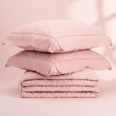 Imagem de Kit Enxoval Colcha Queen Lavive Amélie Micro Percal 200 Fios Laise Bordada Cobreleito 3 Peças (Rose)